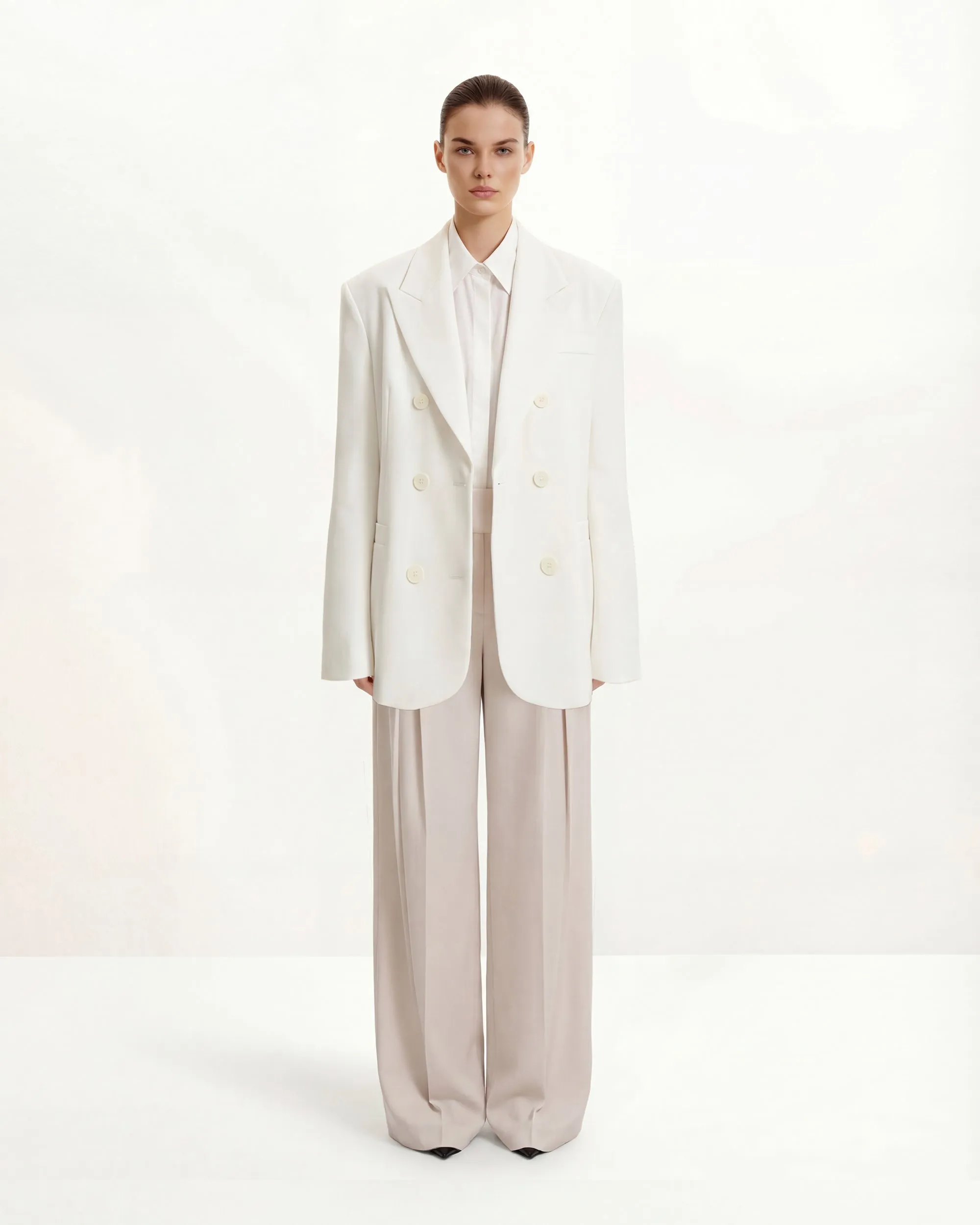 Structured Power-Shoulder Double-Breasted Blazer - White sold by JW PEI