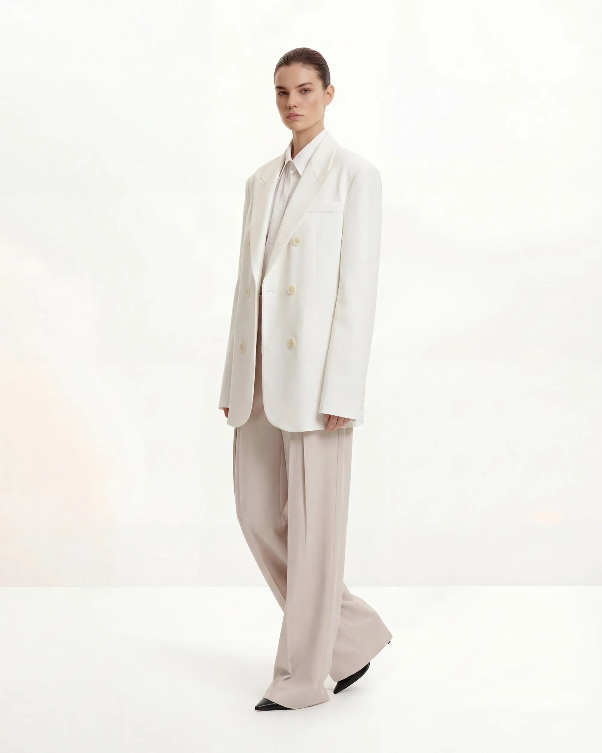 Structured Power-Shoulder Double-Breasted Blazer - White sold by JW PEI product image thumbnail 2