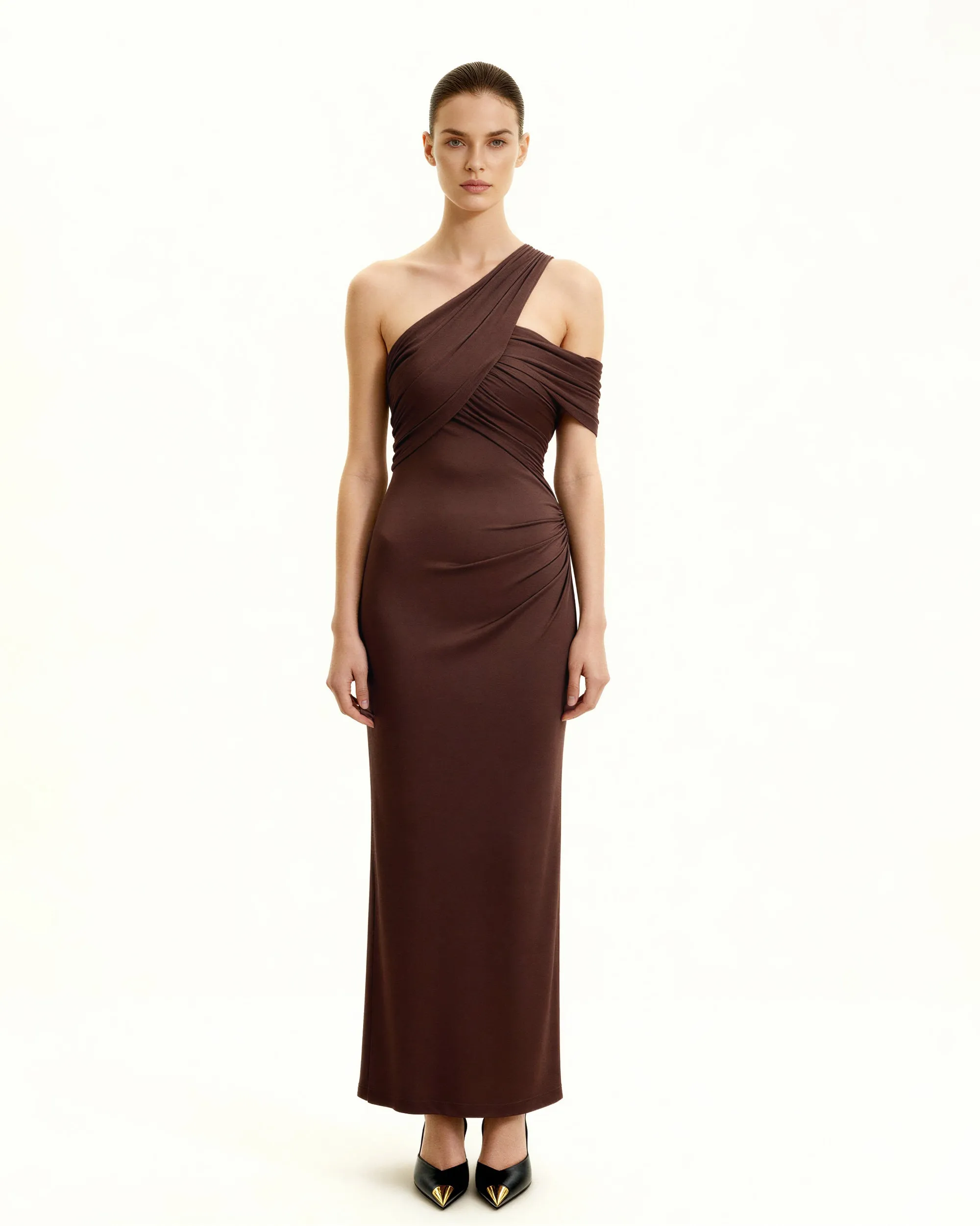 Asymmetric Ruched One-Shoulder Maxi Gown - Brown sold by JW PEI