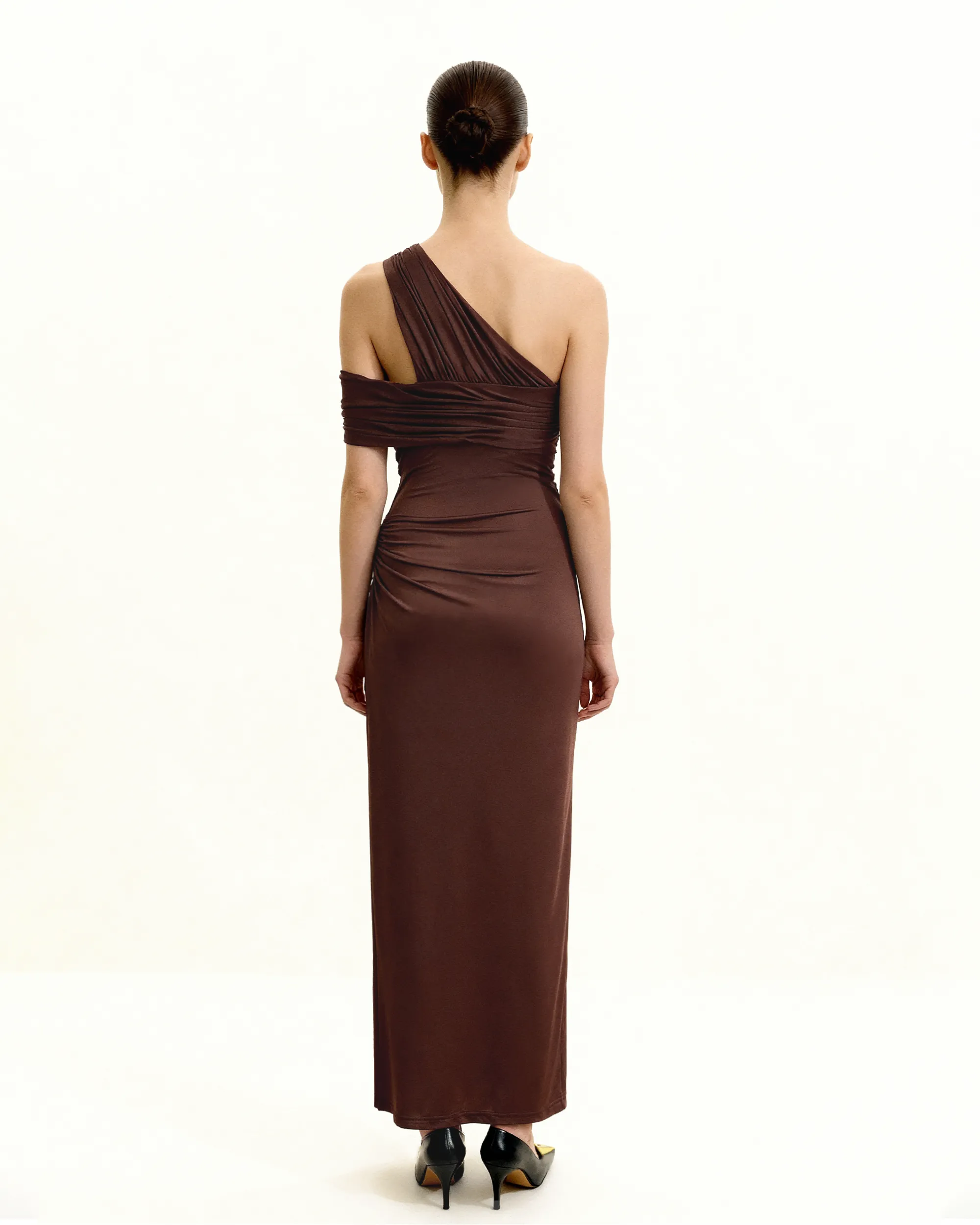 Asymmetric Ruched One-Shoulder Maxi Gown - Brown sold by JW PEI product image thumbnail 3