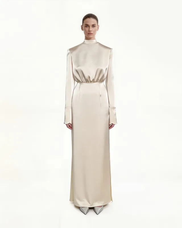 Structured shoulder design satin high-neck fitted midi dress - Cream sold by JW PEI