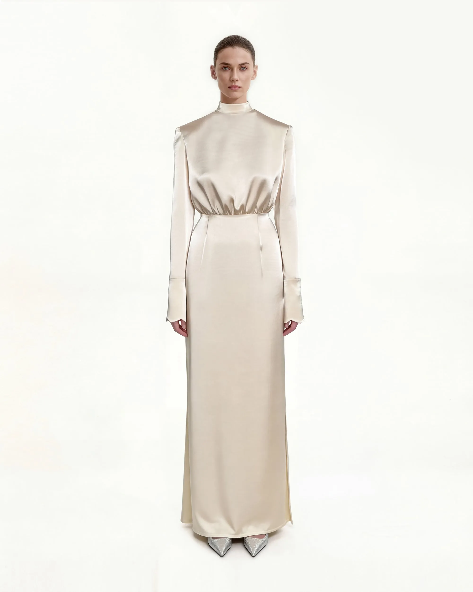 Structured shoulder design satin high-neck fitted midi dress - Cream sold by JW PEI