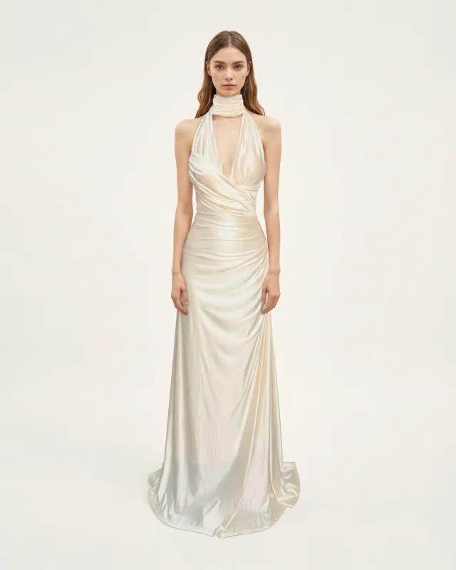 Satin Halter Ruched Maxi Dress - Ivory sold by JW PEI