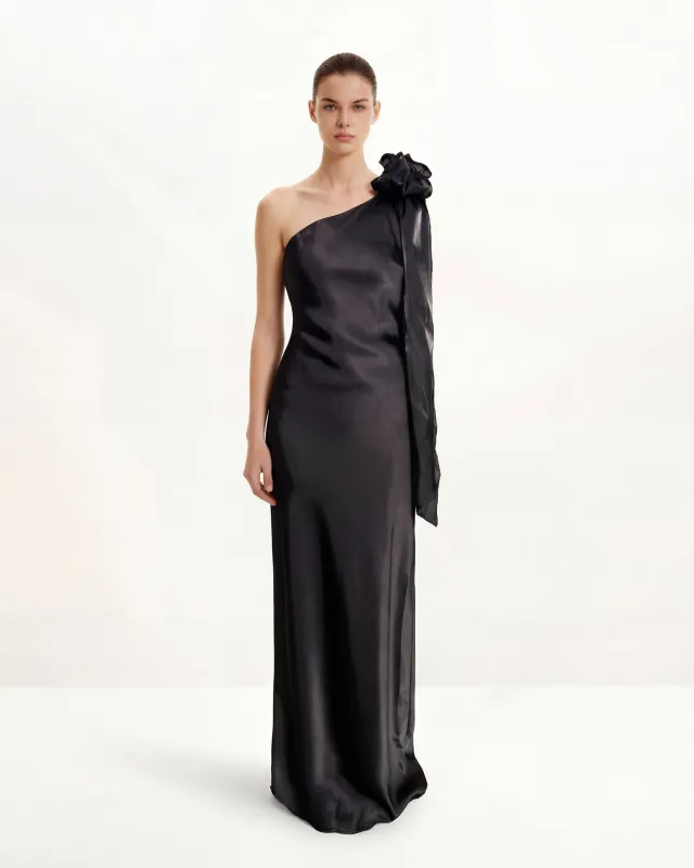 Satin One-Shoulder Dress with Organza Bow Strap - Black sold by JW PEI