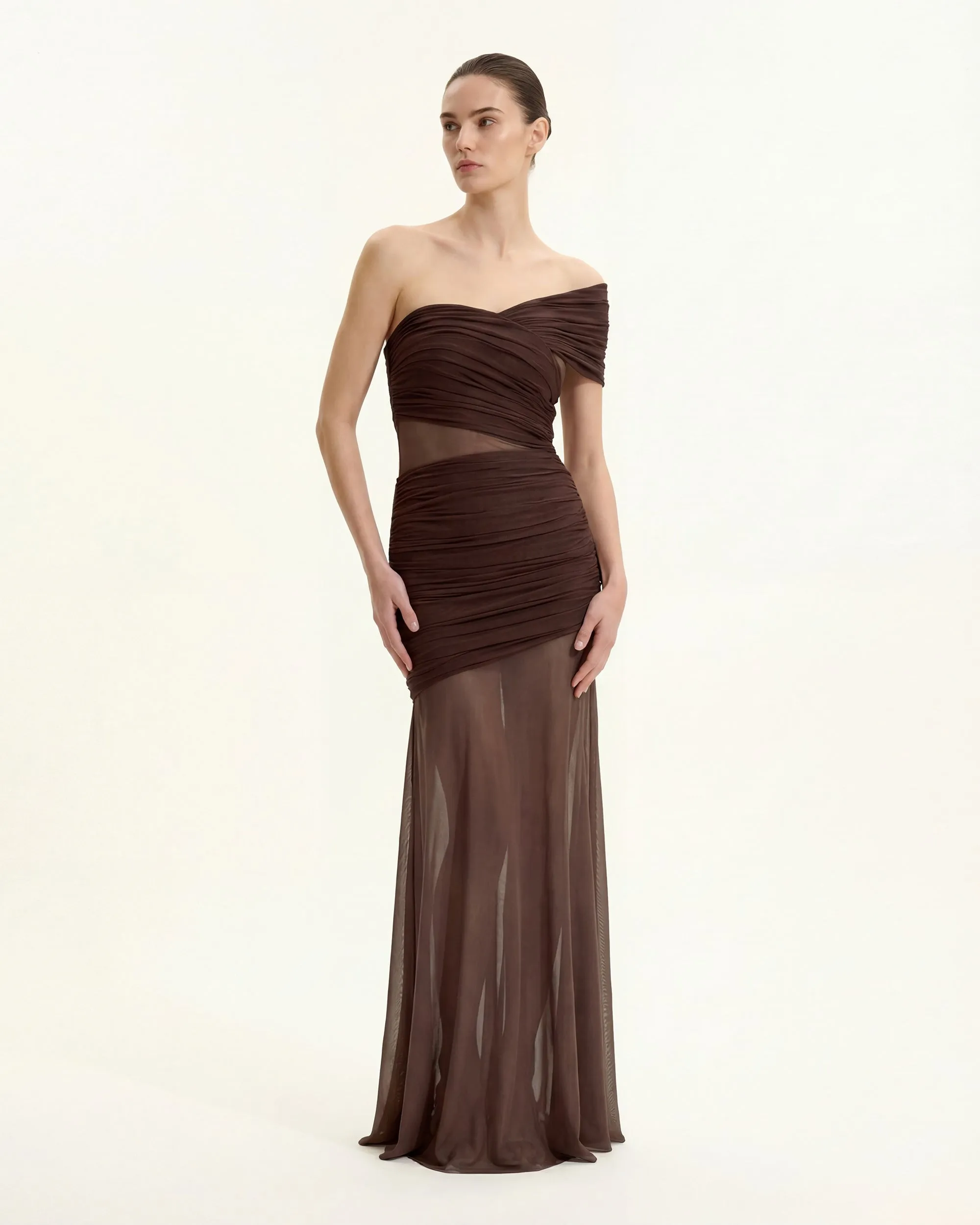 Ruched Mesh-Panel Off-Shoulder Maxi Dress - Brown sold by JW PEI product image thumbnail 2