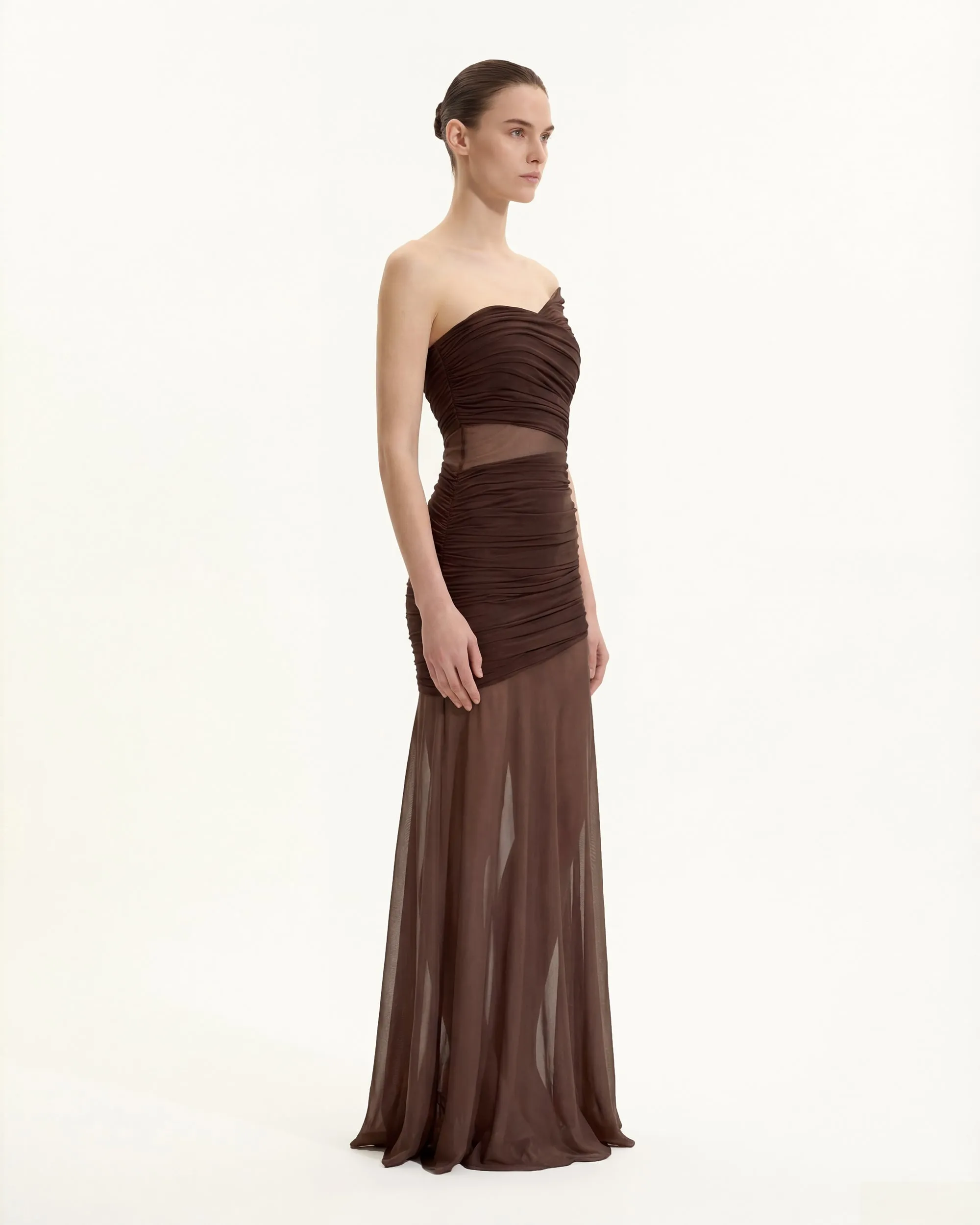 Ruched Mesh-Panel Off-Shoulder Maxi Dress - Brown sold by JW PEI product image thumbnail 3