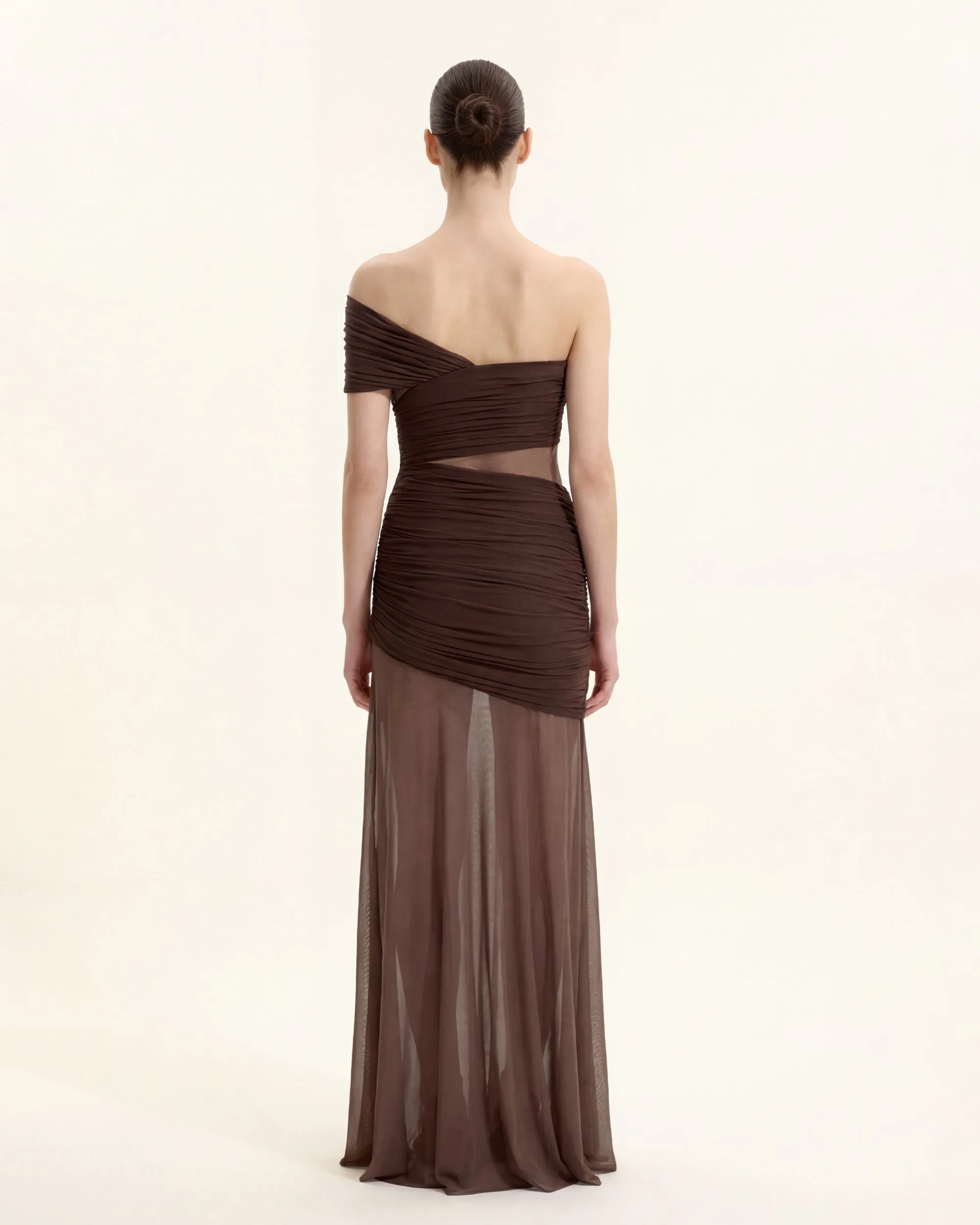 Ruched Mesh-Panel Off-Shoulder Maxi Dress - Brown sold by JW PEI product image thumbnail 4