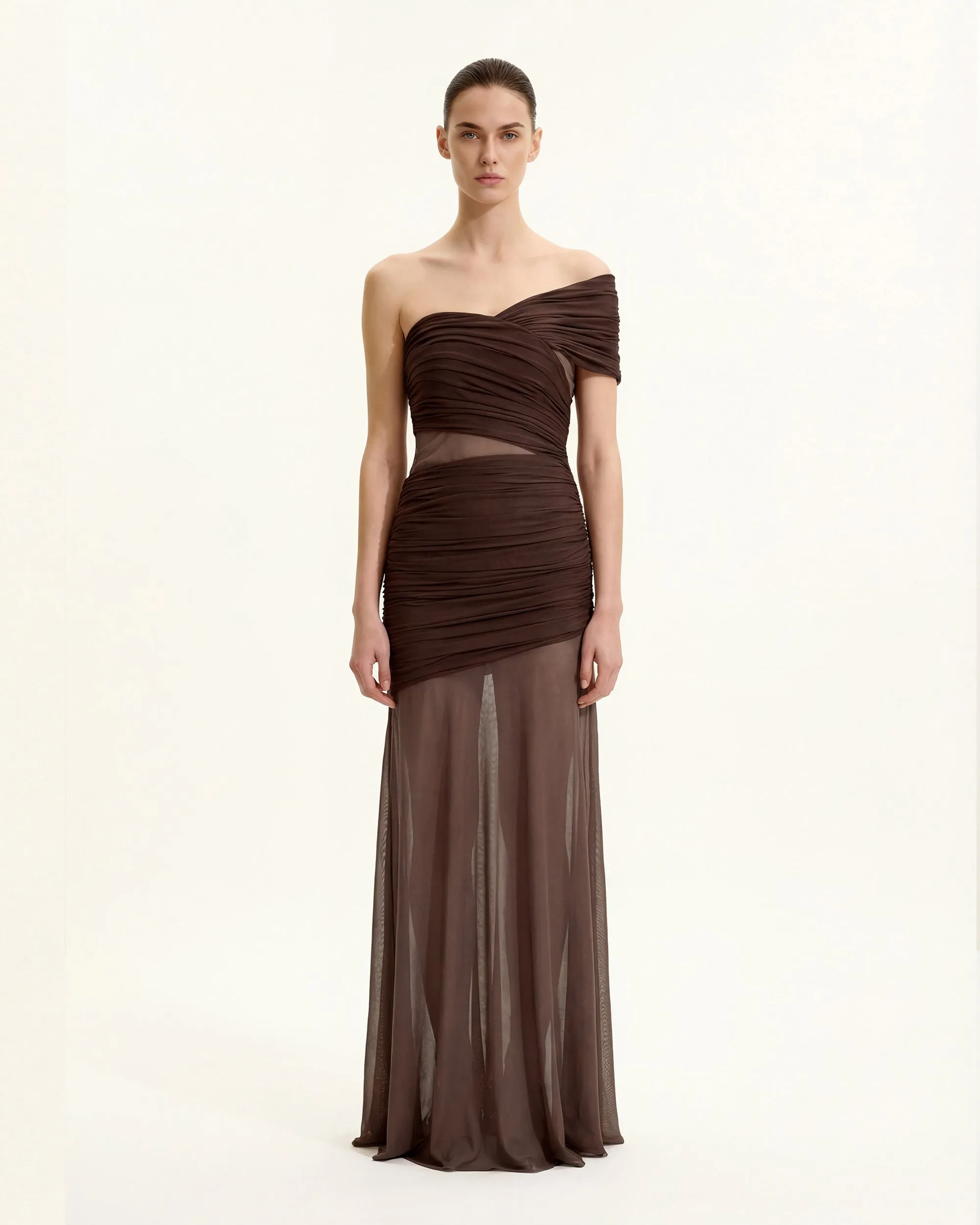 Ruched Mesh-Panel Off-Shoulder Maxi Dress - Brown sold by JW PEI