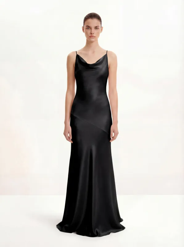 Satin Cowl-Neck Bow-Back Maxi Dress - Black sold by JW PEI