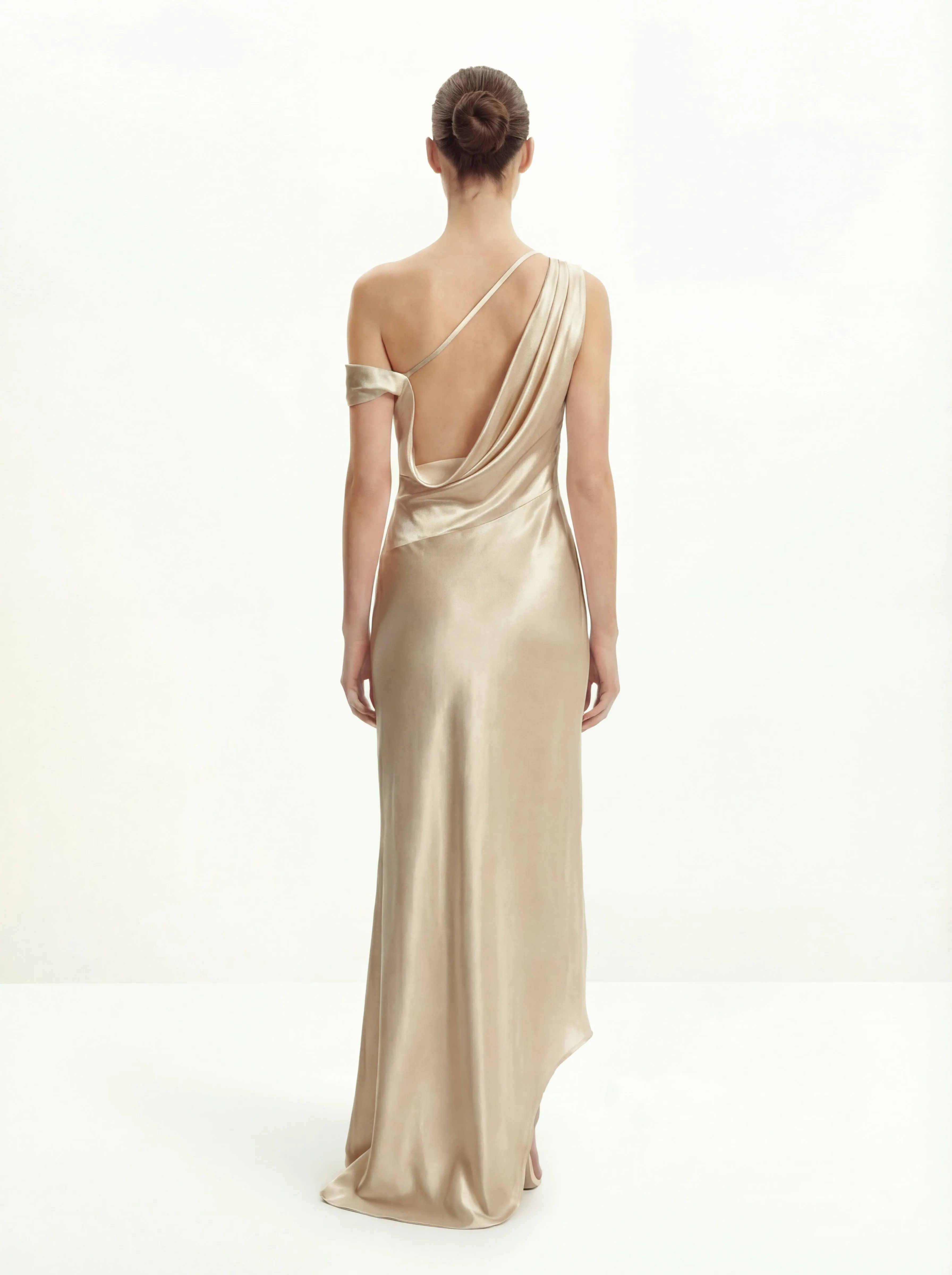 Satin Draped One-Shoulder Asymmetric Dress - Cream sold by JW PEI product image thumbnail 2