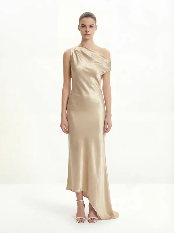 Satin Draped One-Shoulder Asymmetric Dress - Cream sold by JW PEI