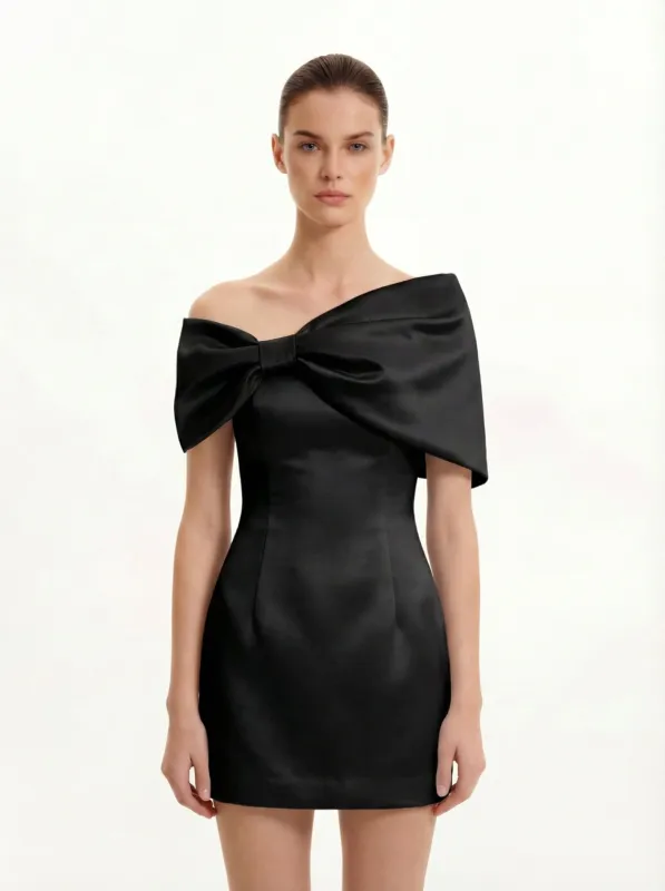Satin Bow Off Shoulder Dress - Black sold by JW PEI