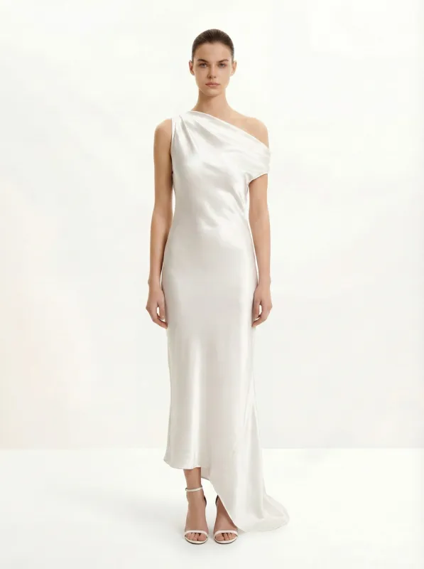 Satin Draped One-Shoulder Asymmetric Dress - White sold by JW PEI