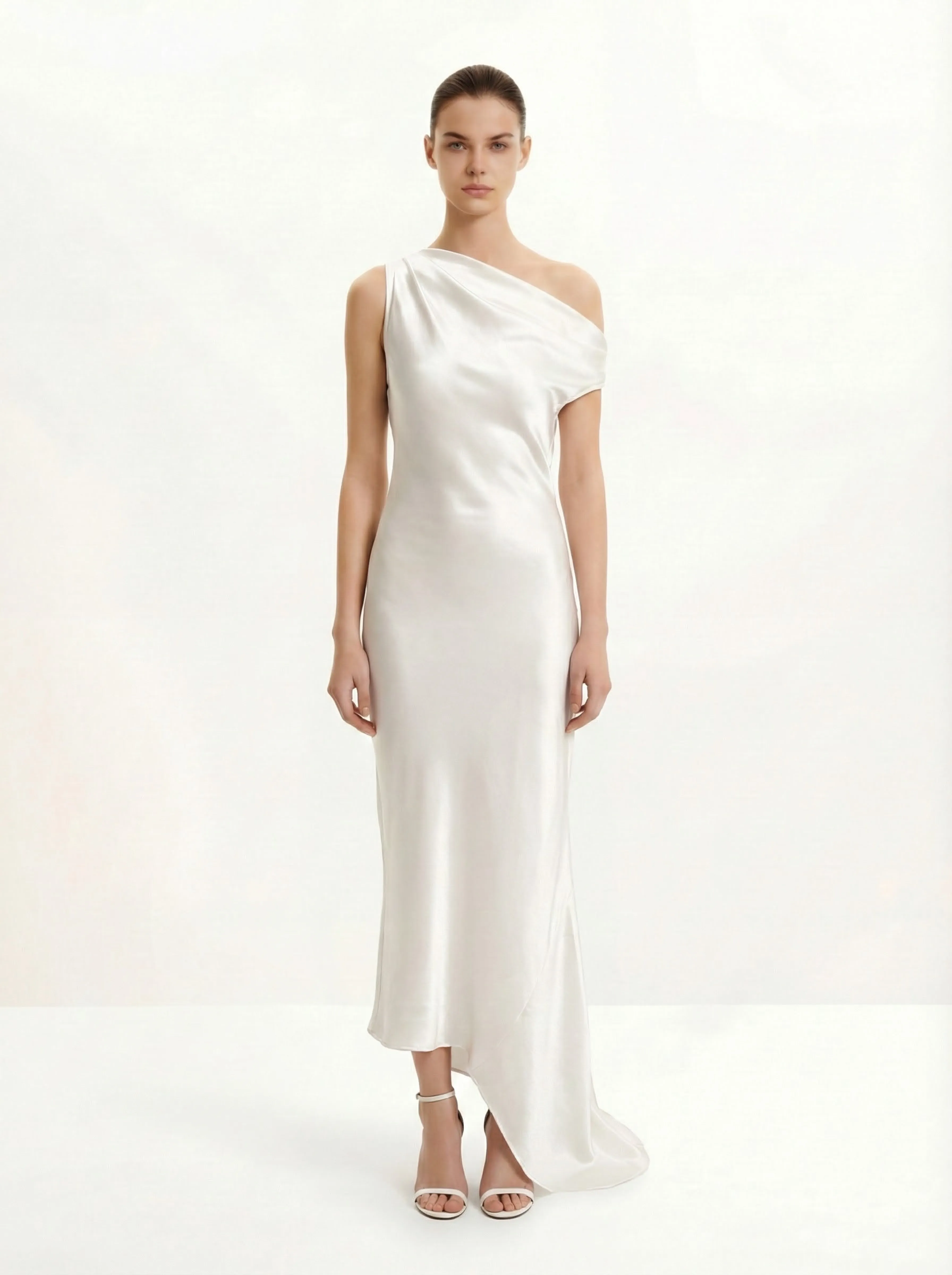 Satin Draped One-Shoulder Asymmetric Dress - White sold by JW PEI