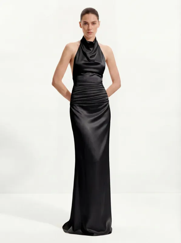 Satin Cowl Neck Ruched Maxi Gown - Black sold by JW PEI