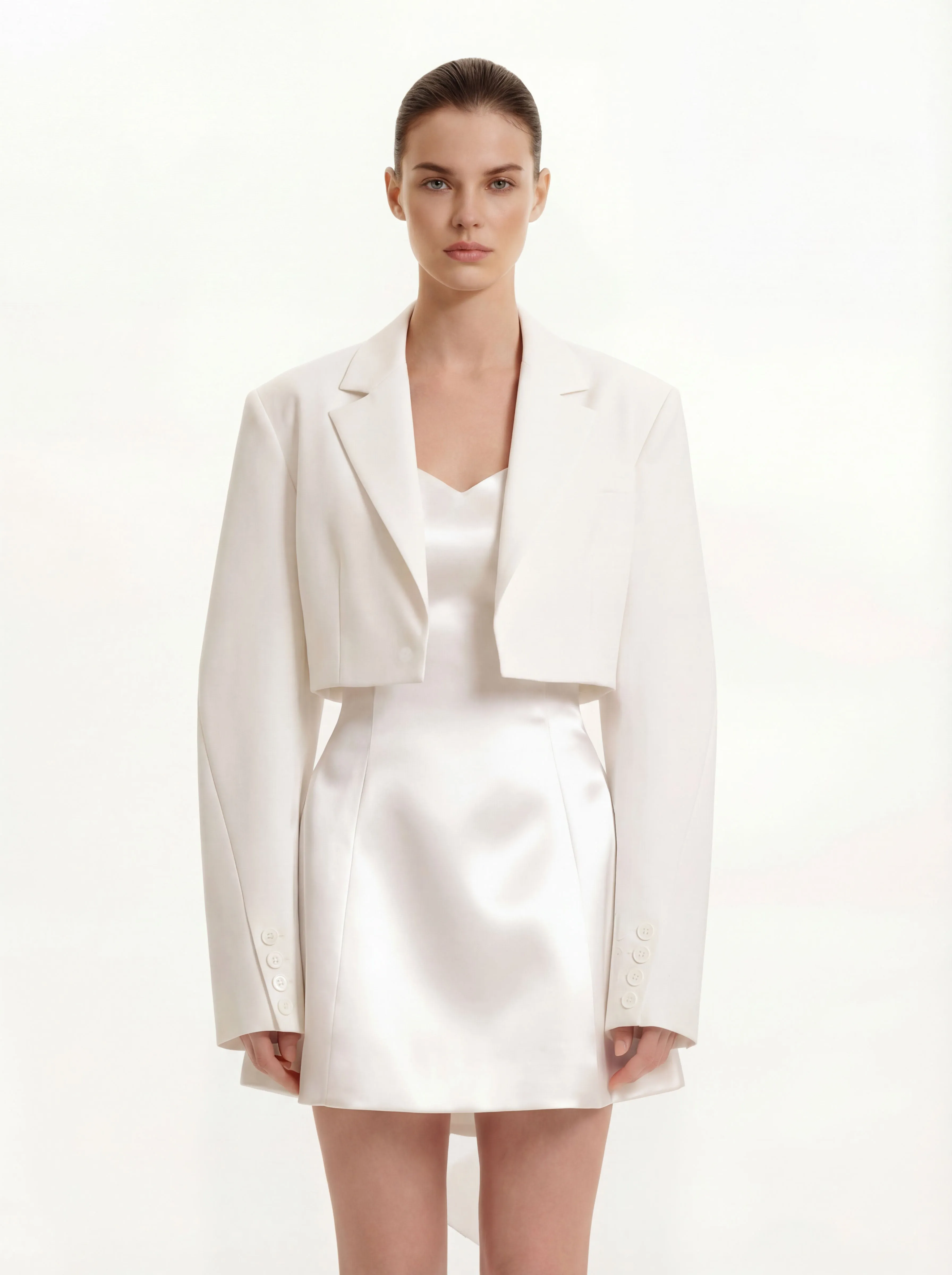 Structured Power-Shoulder Cropped Blazer - White sold by JW PEI