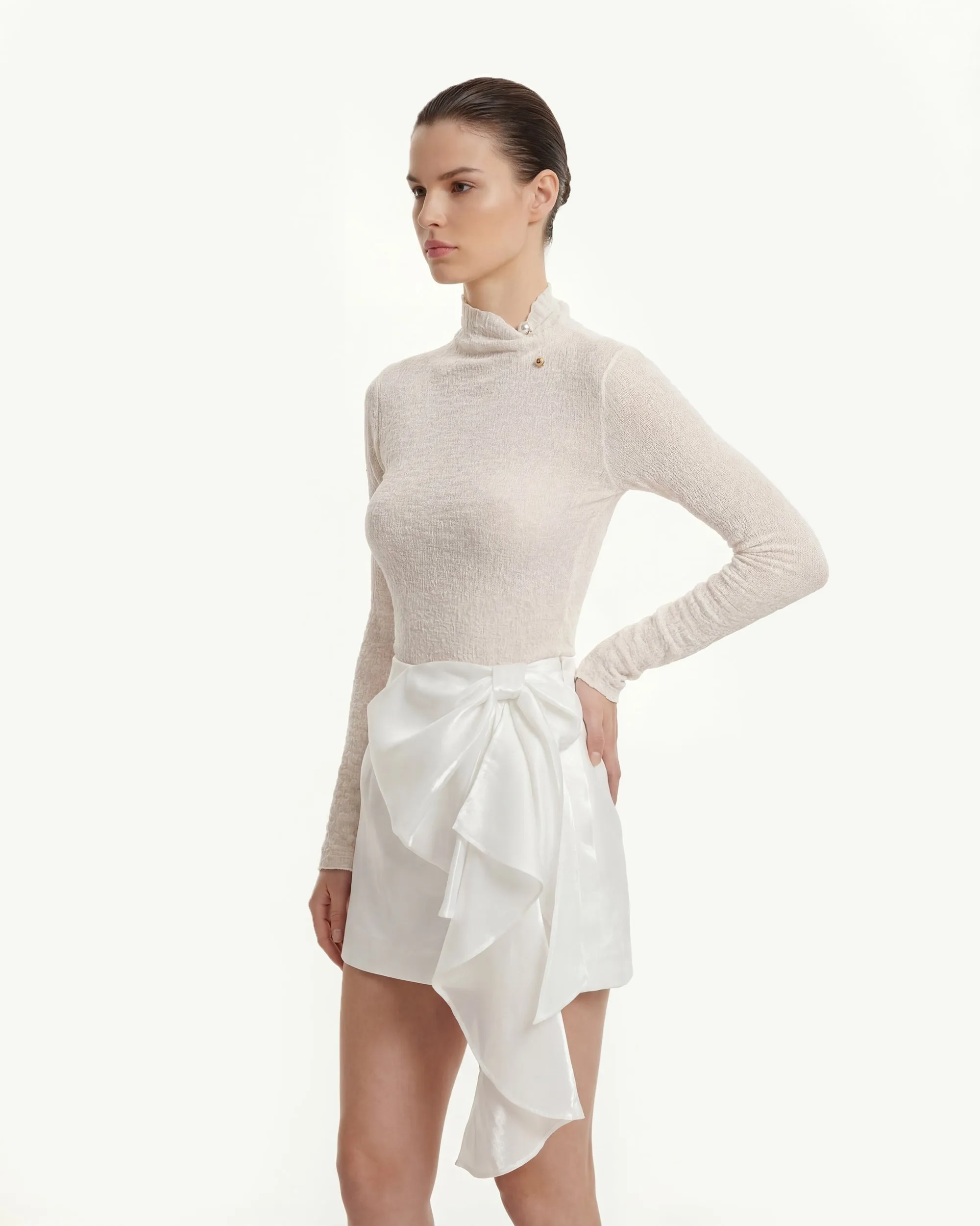Textured high-neck knitted top with metal button details - White sold by JW PEI product image thumbnail 2