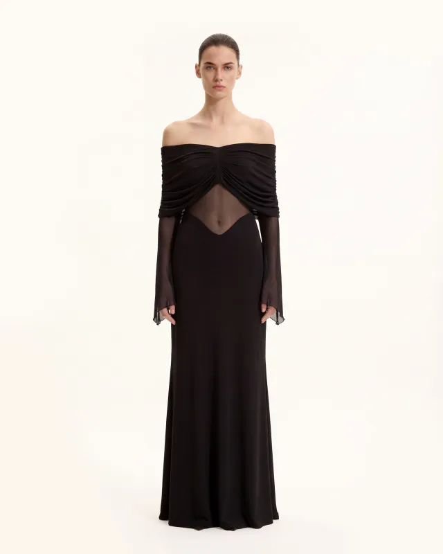 Twisted Tulle Paneled Off-Shoulder Maxi Dress - Black sold by JW PEI