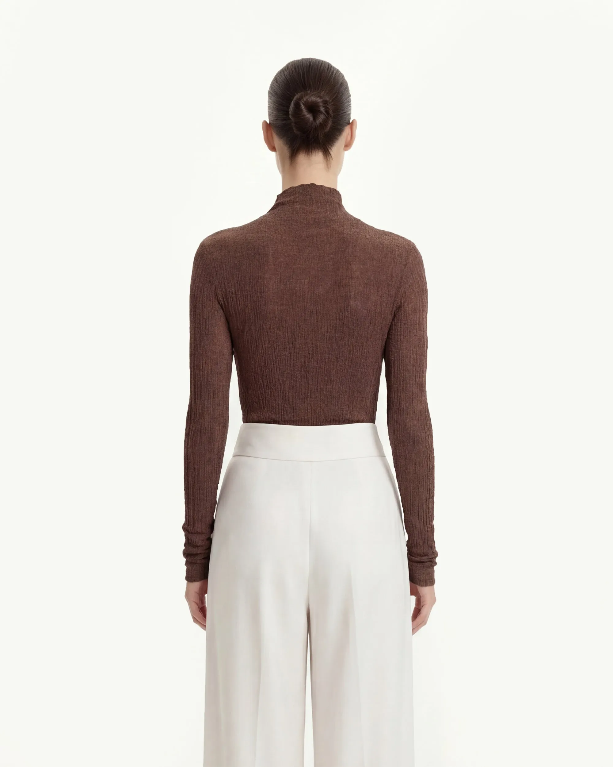 Textured Mock Neck Knit Top with Metal Button Detail - Brown sold by JW PEI product image thumbnail 3