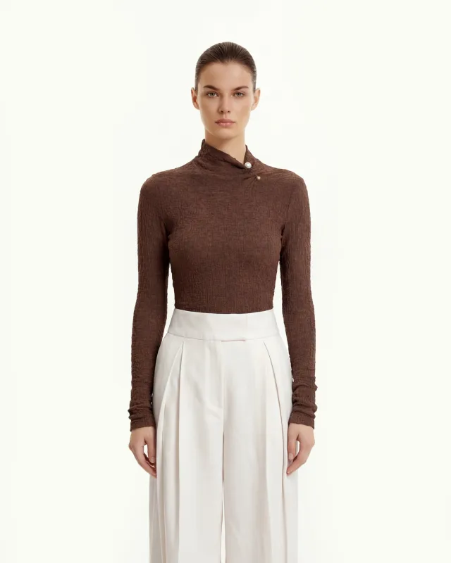 Textured Mock Neck Knit Top with Metal Button Detail - Brown sold by JW PEI