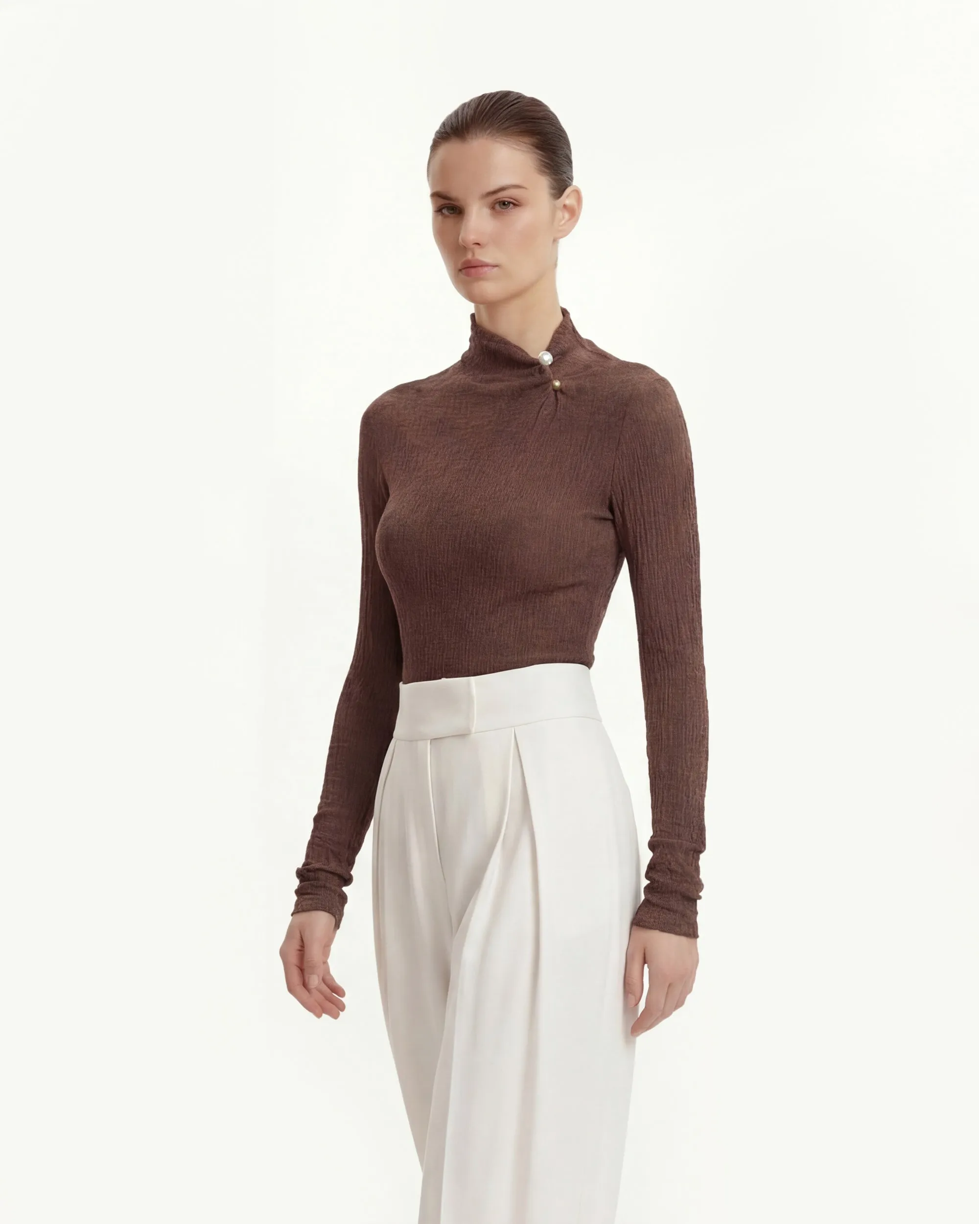 Textured Mock Neck Knit Top with Metal Button Detail - Brown sold by JW PEI product image thumbnail 2