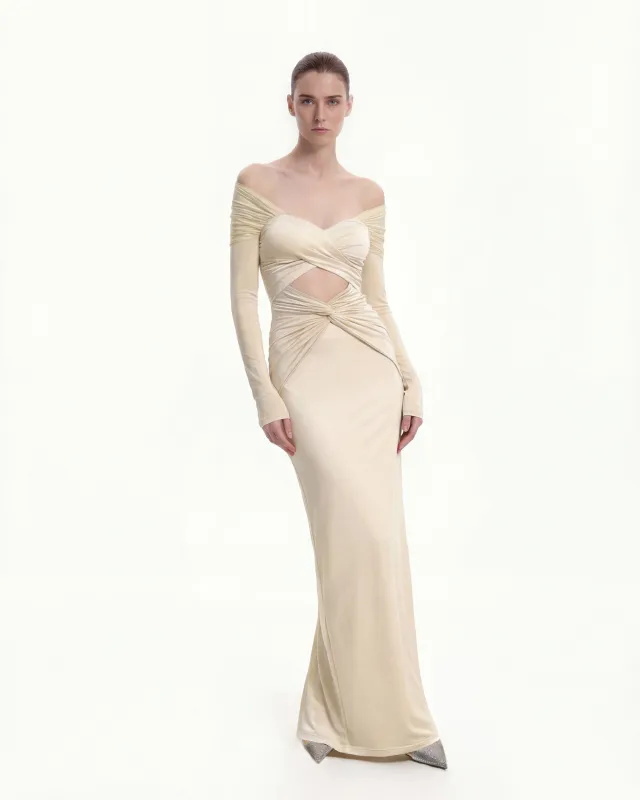 Off-Shoulder Cutout Twist-Knot Maxi Dress - Cream sold by JW PEI