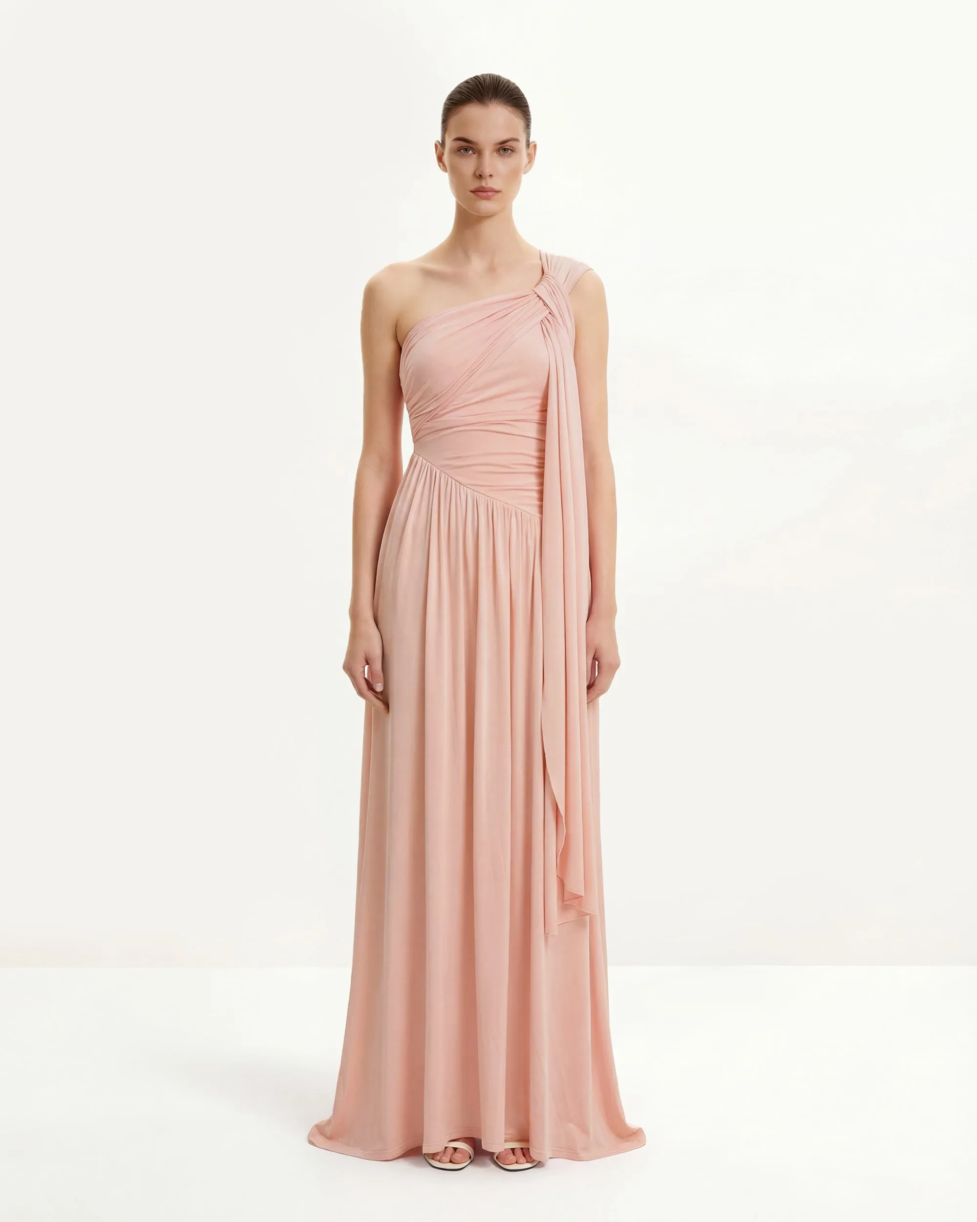 Ruched One-Shoulder Maxi Dress with Trailing Sash - Pink sold by JW PEI