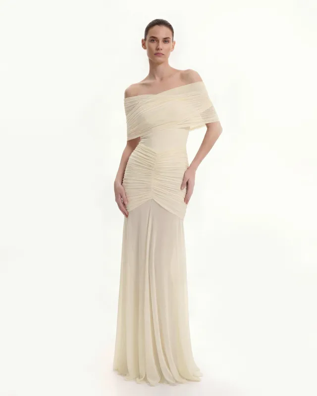 Ruched Off-Shoulder Sheer-Skirt Gown - Cream sold by JW PEI