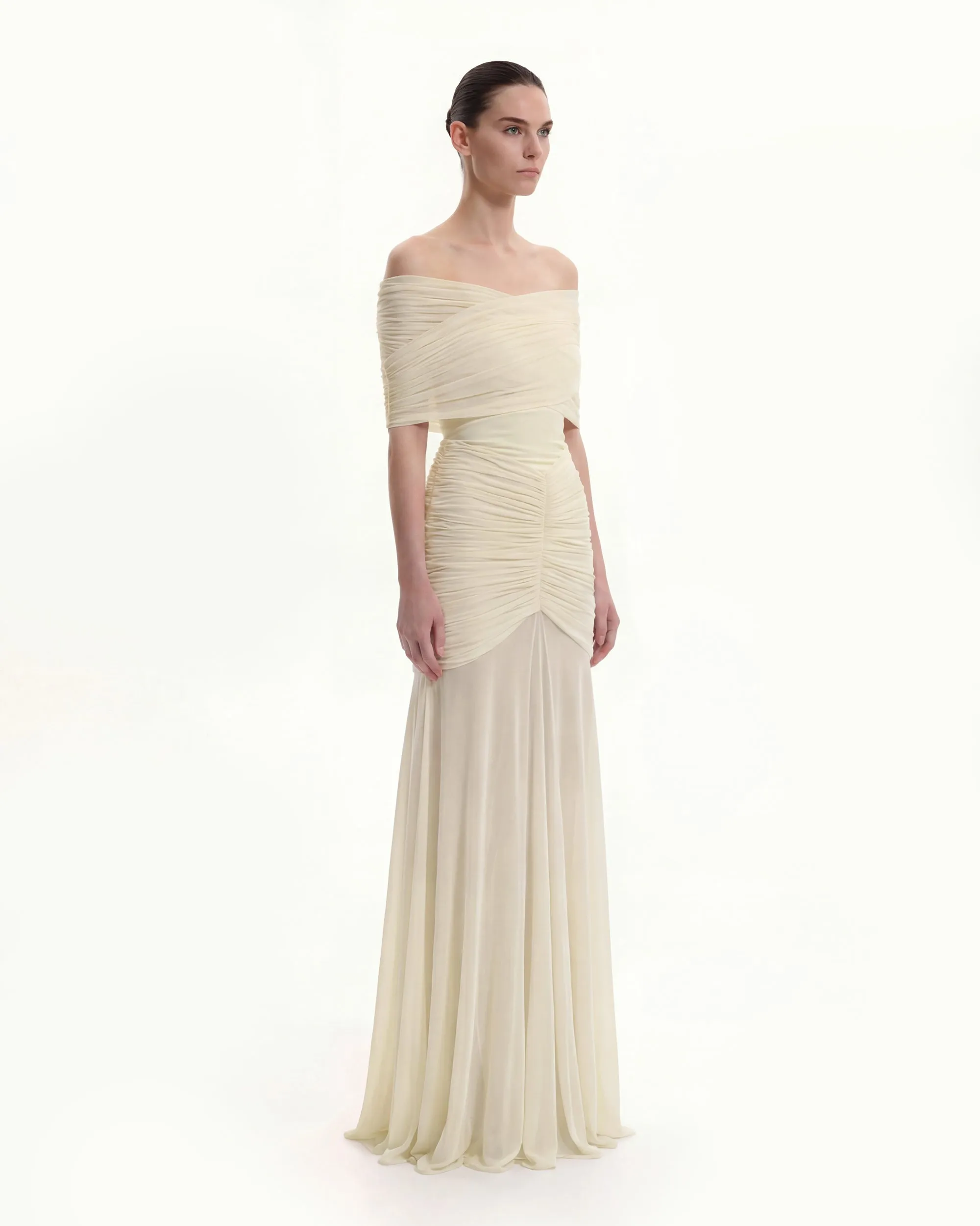 Ruched Off-Shoulder Sheer-Skirt Gown - Cream sold by JW PEI product image thumbnail 2