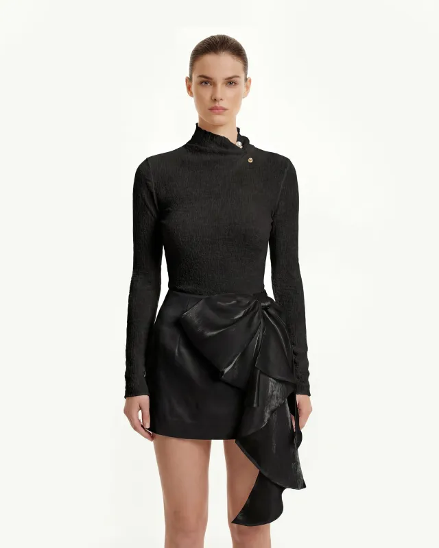 Textured Mock Neck Knit Top with Metal Button Detail - Black sold by JW PEI