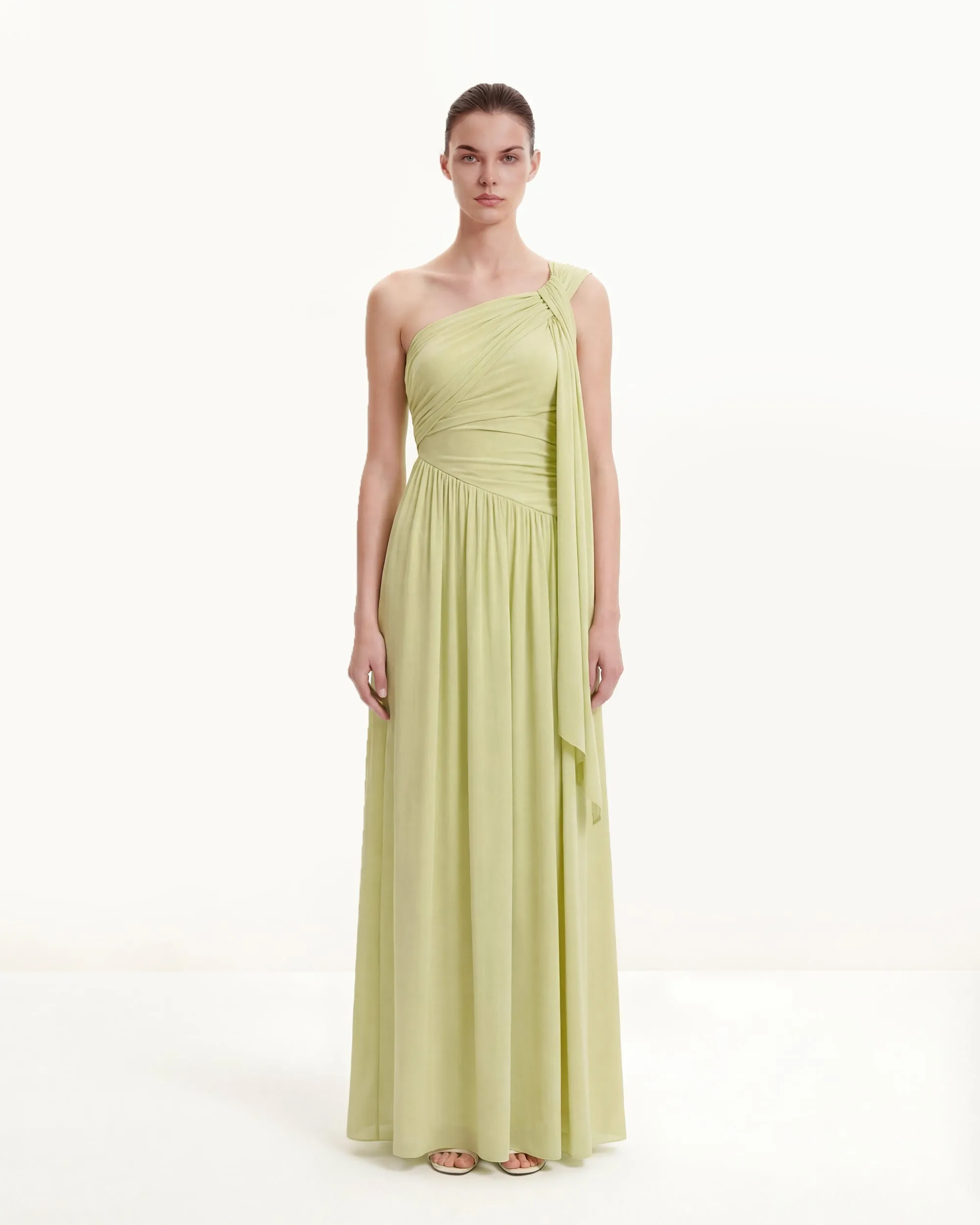 Ruched One-Shoulder Maxi Dress with Trailing Sash - Green sold by JW PEI