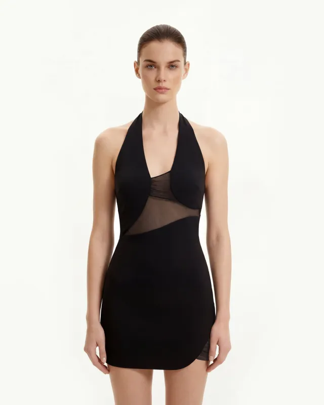 Asymmetric Mesh-Panel Halter Mini Dress - Black sold by JW PEI
