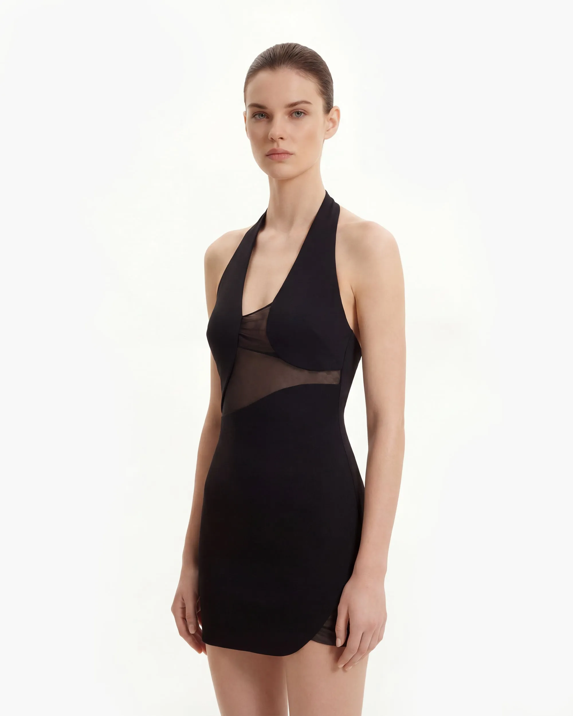 Asymmetric Mesh-Panel Halter Mini Dress - Black sold by JW PEI product image thumbnail 2