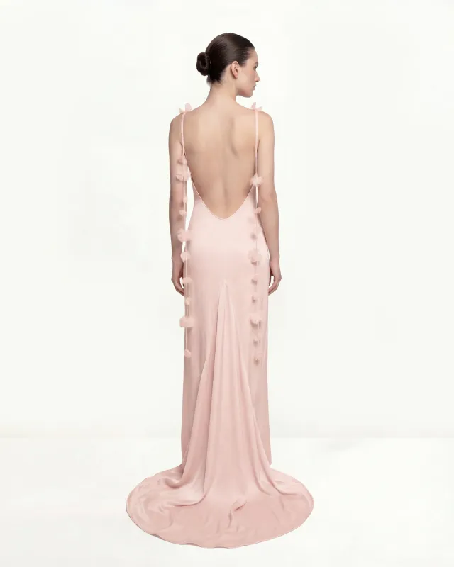 Satin Strappy Maxi Dress with Floral Streamers - Pink sold by JW PEI