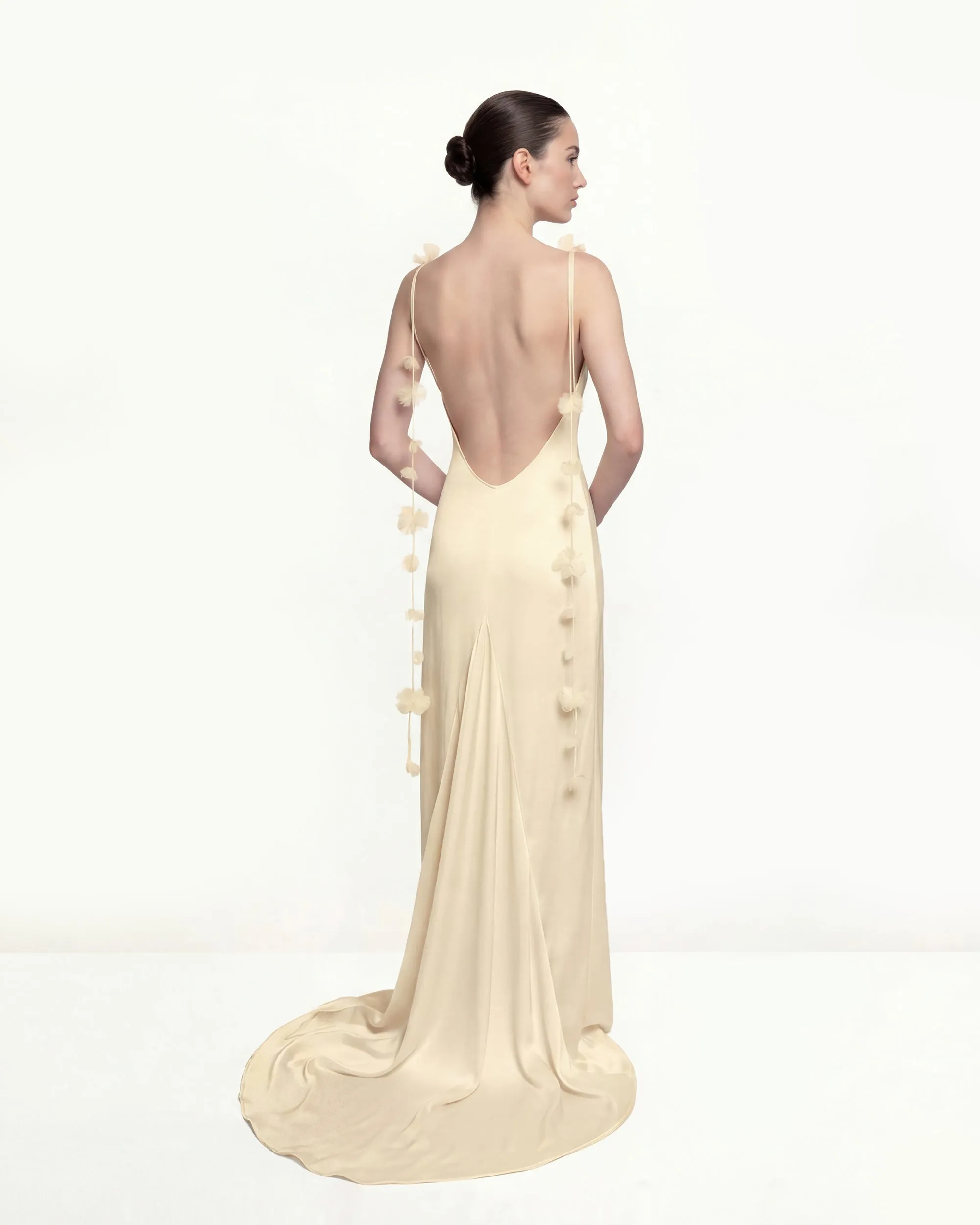 Satin Strappy Maxi Dress with Floral Streamers - Yellow sold by JW PEI