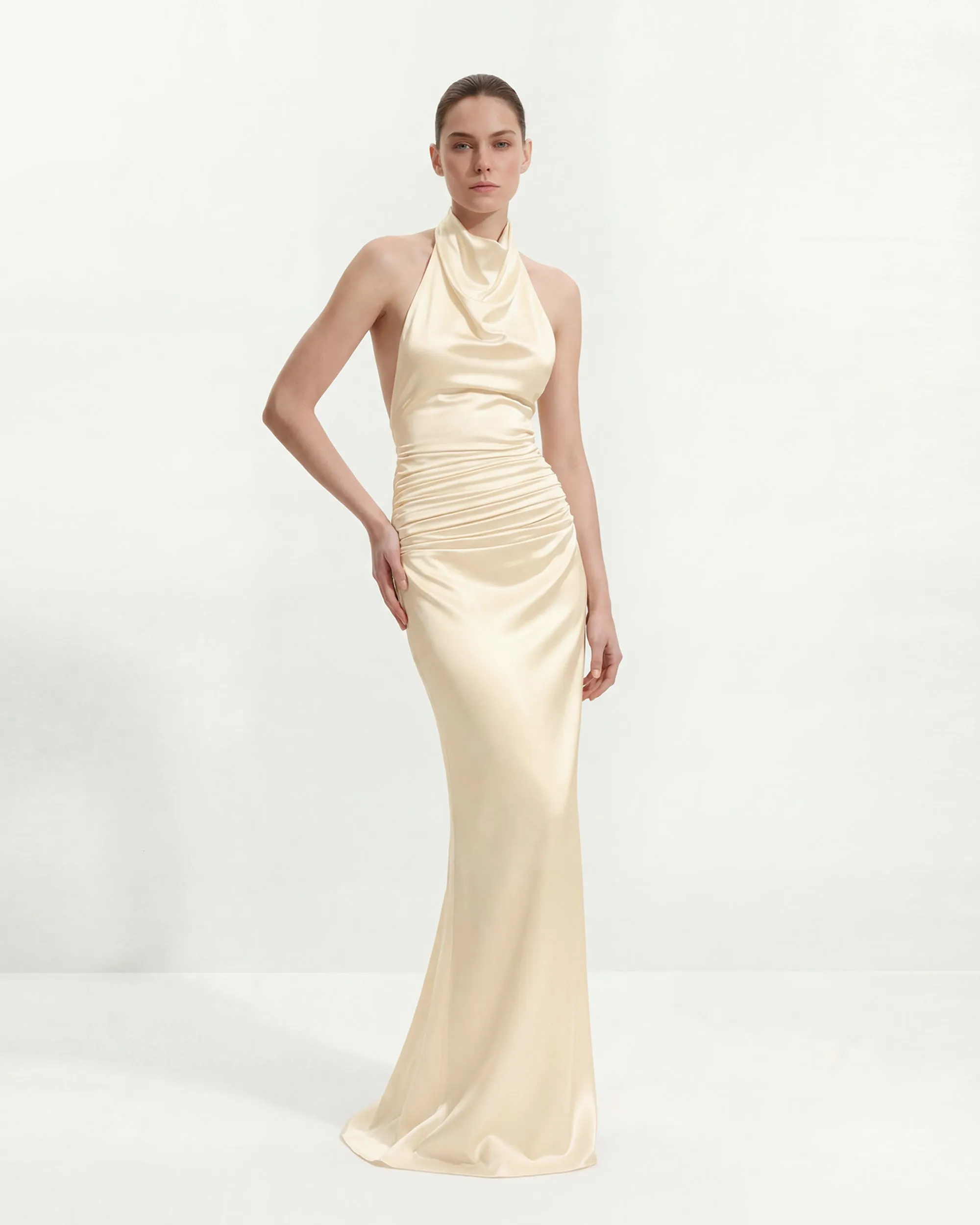 Satin Cowl Neck Ruched Maxi Gown - Yellow sold by JW PEI