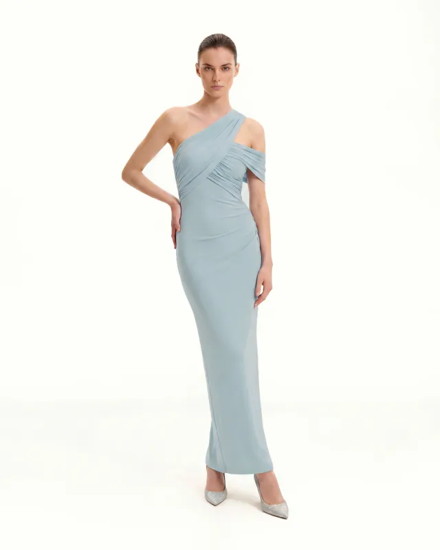 Asymmetric Ruched One-Shoulder Maxi Gown - Blue sold by JW PEI