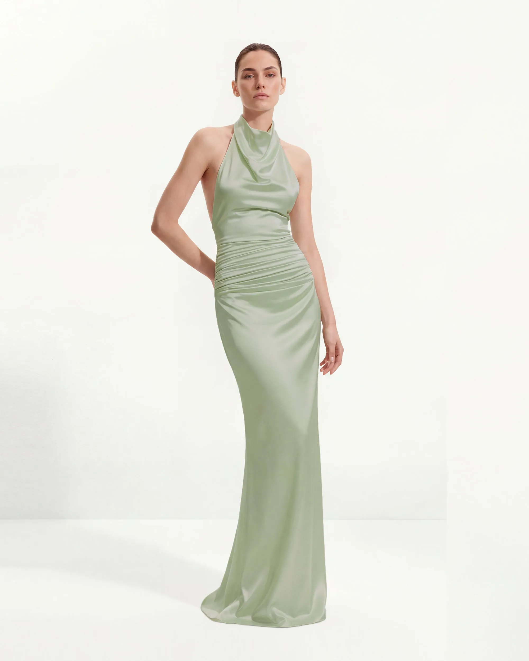 Satin Cowl Neck Ruched Maxi Gown - Green sold by JW PEI