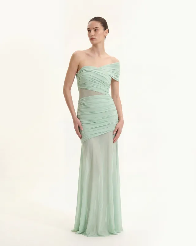 Ruched Mesh-Panel Off-Shoulder Maxi Dress - Green sold by JW PEI