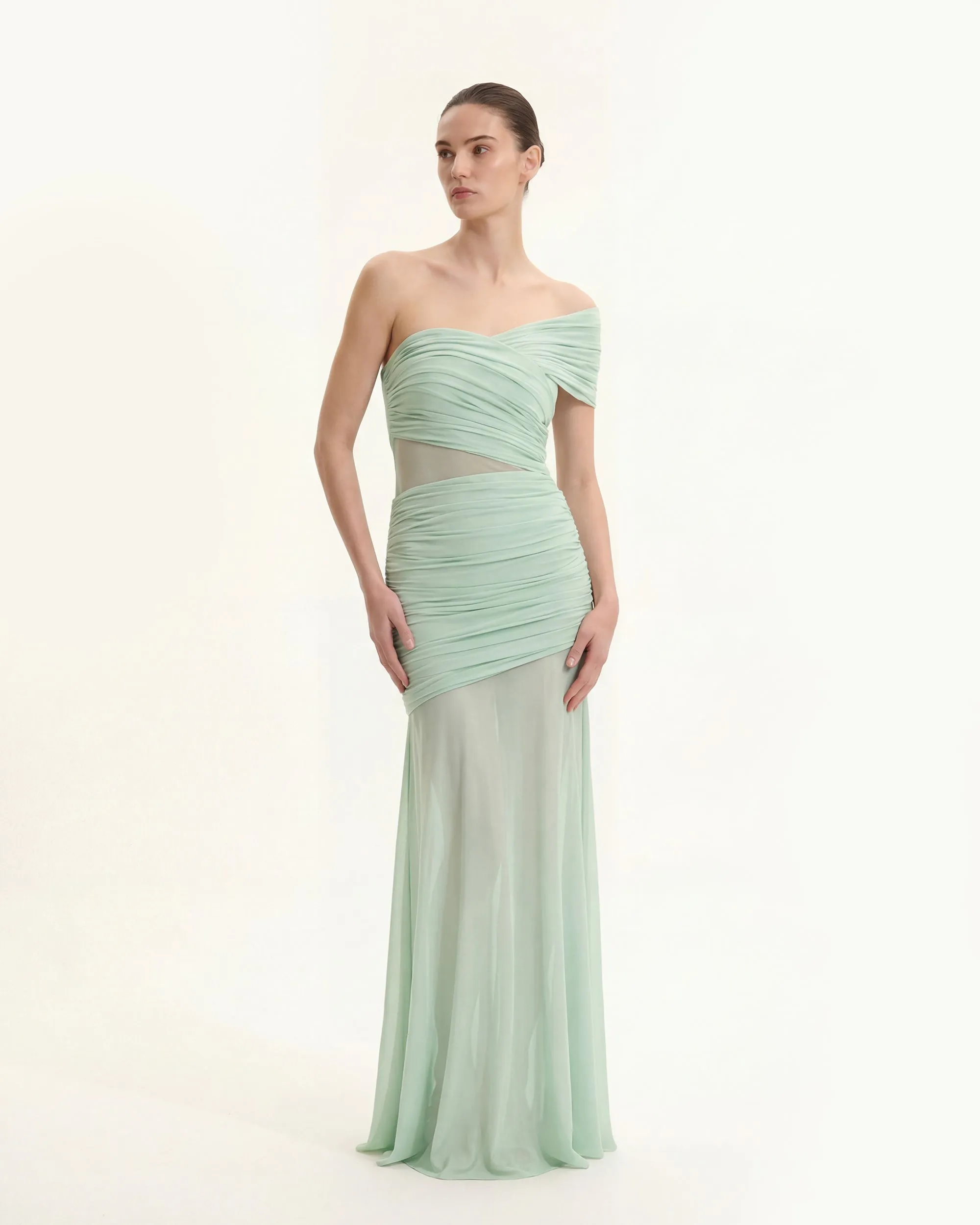Ruched Mesh-Panel Off-Shoulder Maxi Dress - Green sold by JW PEI
