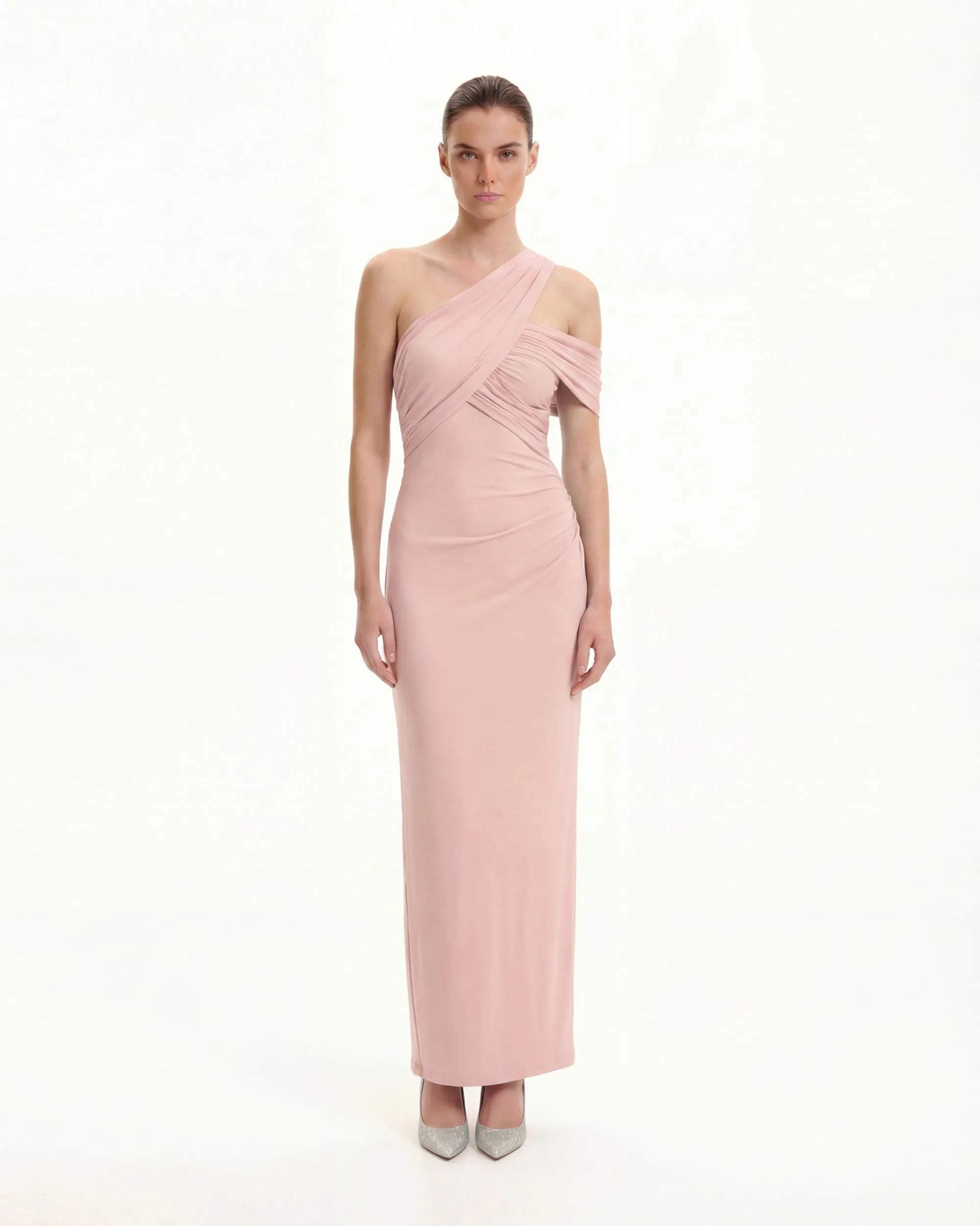 Asymmetric Ruched One-Shoulder Maxi Gown - Pink sold by JW PEI