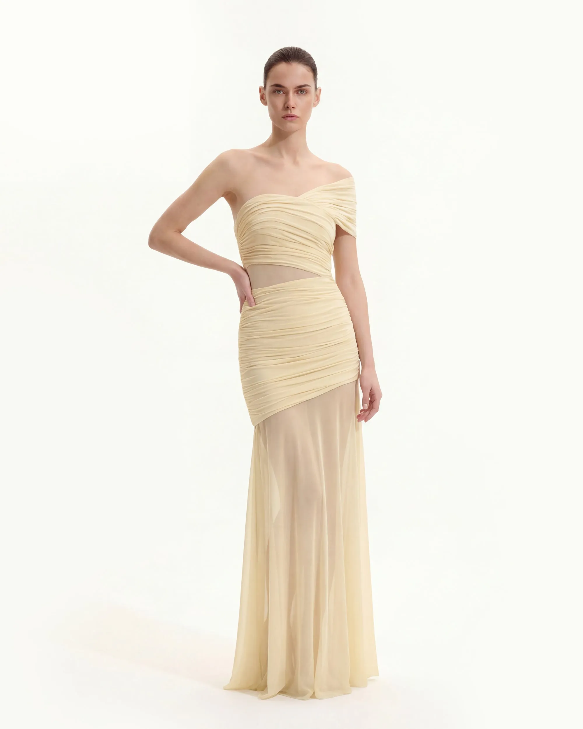 Ruched Mesh-Panel Off-Shoulder Maxi Dress - Yellow sold by JW PEI