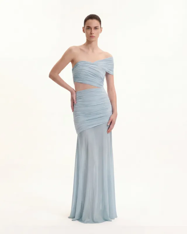 Ruched Mesh-Panel Off-Shoulder Maxi Dress - Blue sold by JW PEI