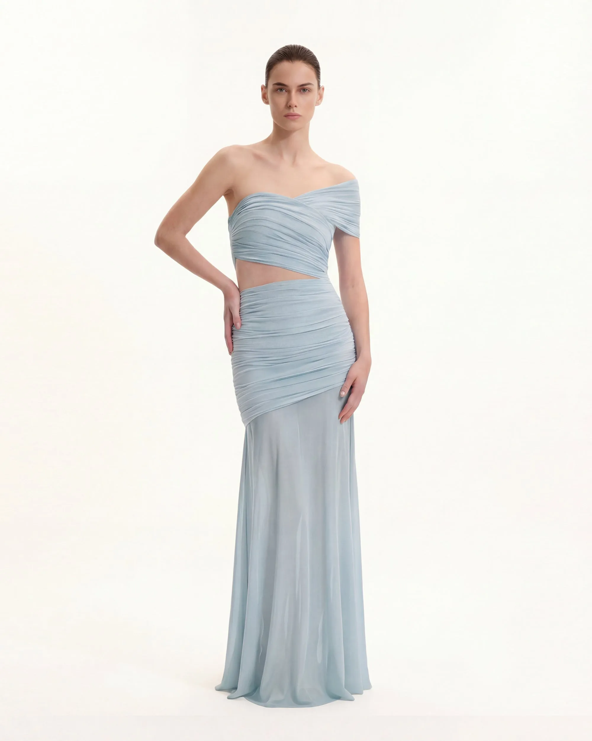 Ruched Mesh-Panel Off-Shoulder Maxi Dress - Blue sold by JW PEI