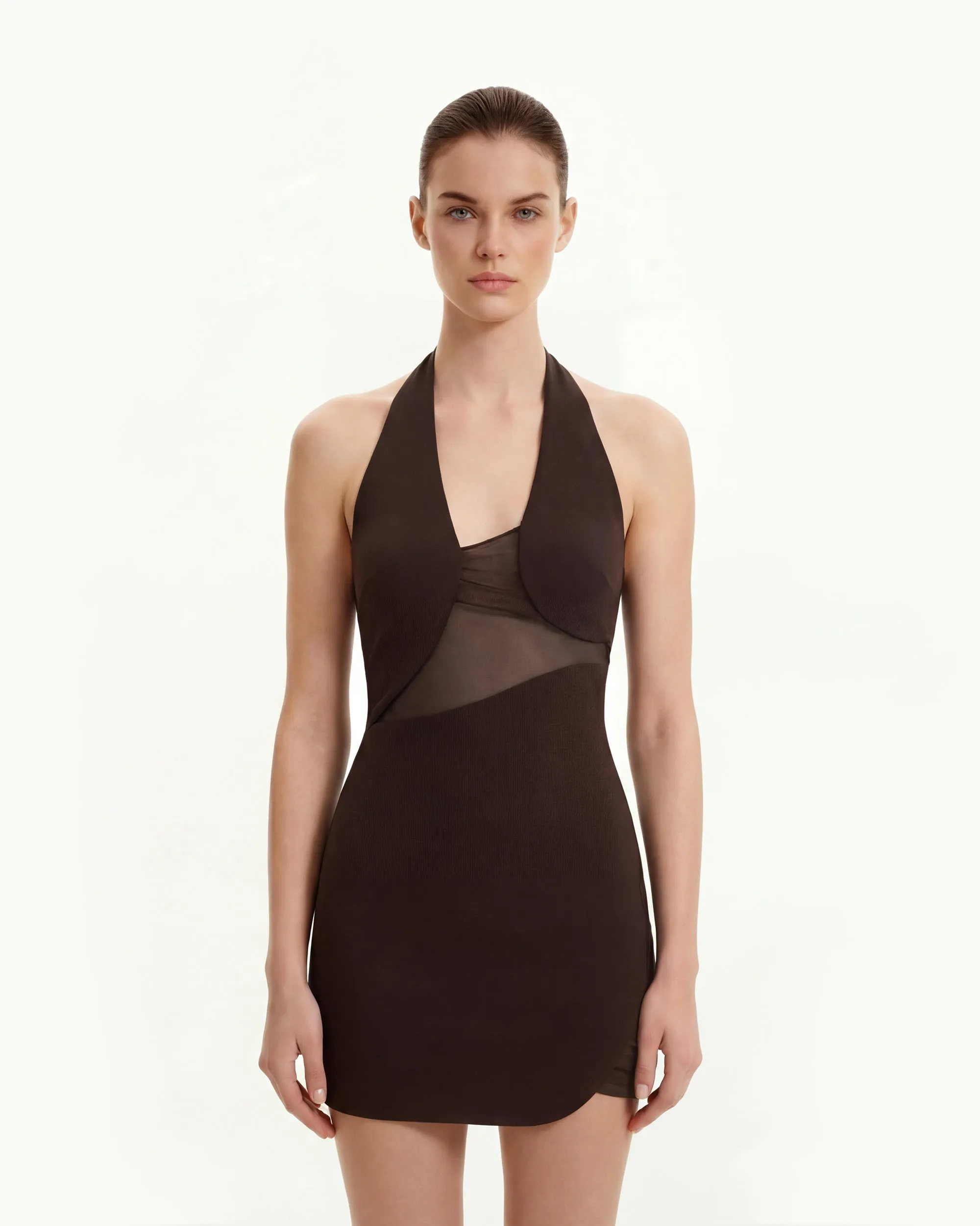 Asymmetric Mesh-Panel Halter Mini Dress - Brown sold by JW PEI