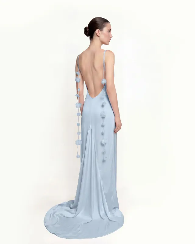 Satin Strappy Maxi Dress with Floral Streamers - Blue sold by JW PEI