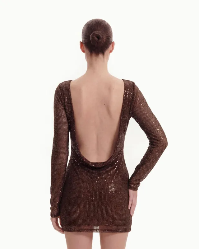 Diagonal Sequin Open-Back Long Sleeve Mini Dress - Brown sold by JW PEI