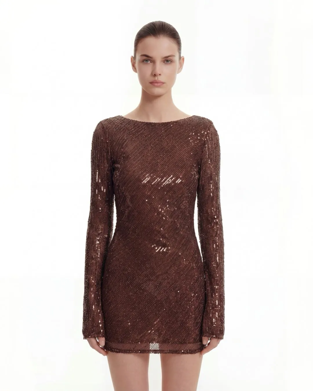 Diagonal Sequin Open-Back Long Sleeve Mini Dress - Brown sold by JW PEI product image thumbnail 2