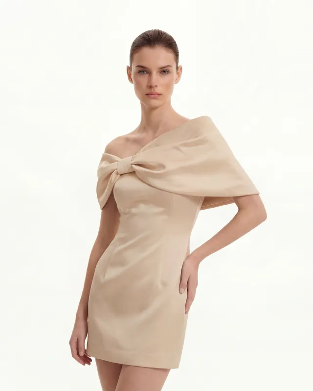 Satin Asymmetric Bow Mini Dress - Nude sold by JW PEI