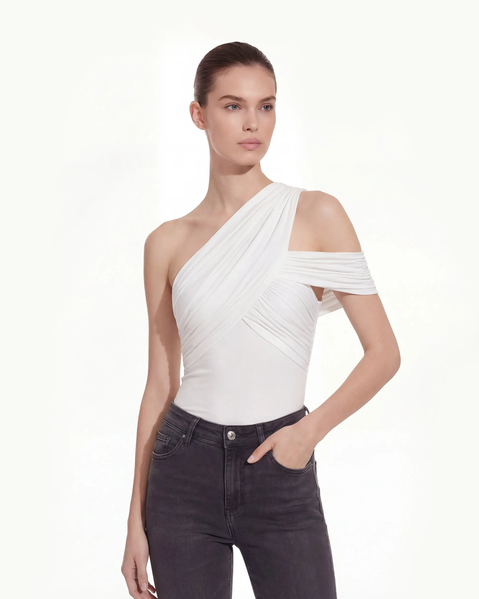Ruched Asymmetric One-Shoulder Top - White sold by JW PEI
